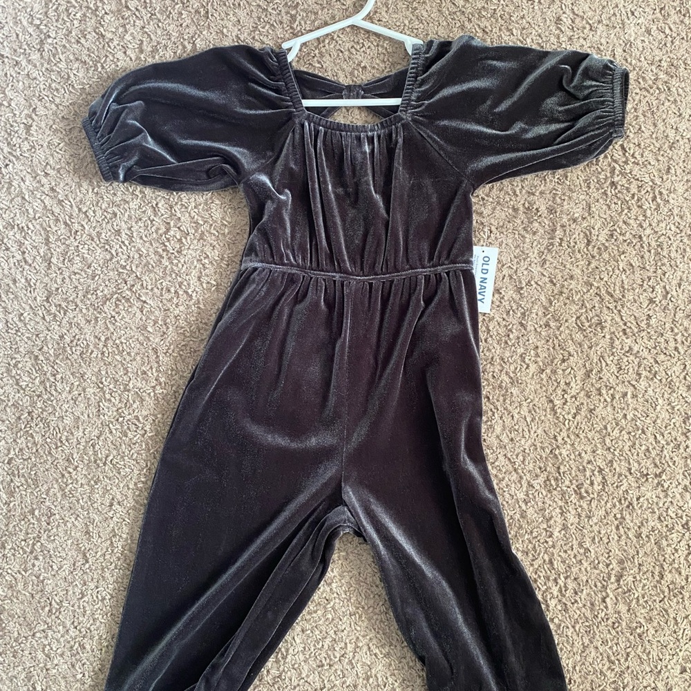 Old Navy Black Velvet Jumpsuit with Dramatic Puff Sleeves
